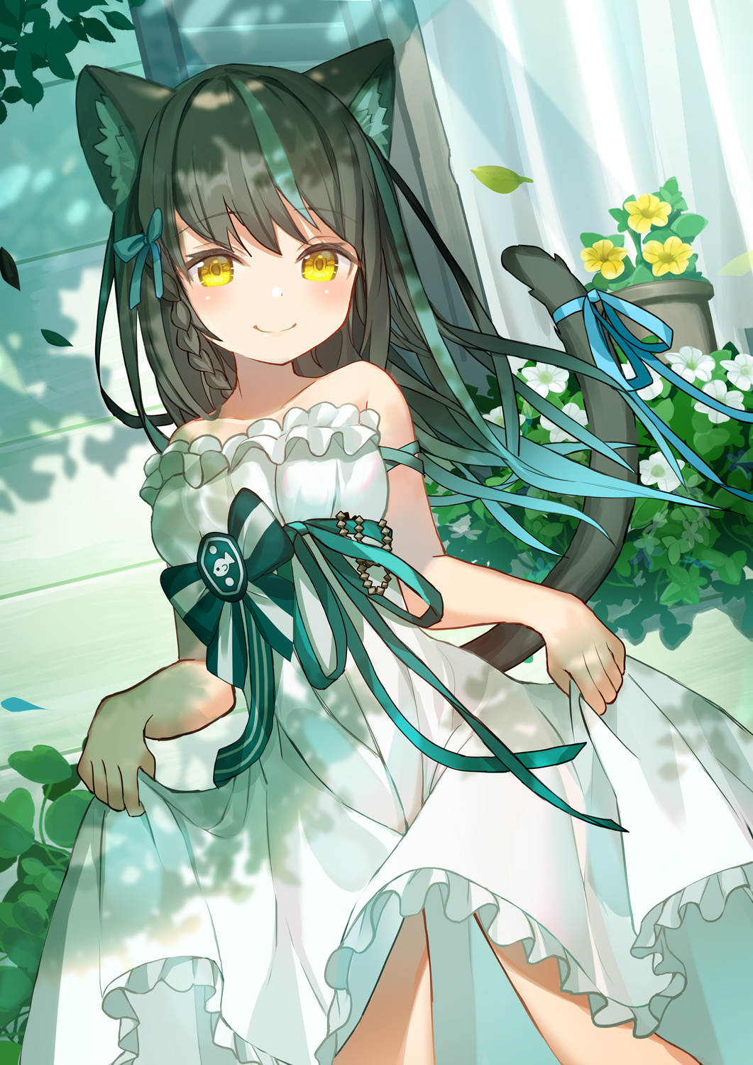 1girl animal_ear_fluff animal_ears bangs black_hair blue_bow blue_ribbon bow braid breasts cat_ears cat_girl cat_tail closed_mouth commentary_request curtains dress dutch_angle eyebrows_visible_through_hair flower frilled_dress frills green_bow green_hair hair_bow highres long_hair looking_at_viewer moe2020 multicolored_hair original plant potted_plant ribbon rk_(rktorinegi) skirt_hold small_breasts smile solo standing strapless strapless_dress streaked_hair striped striped_bow tail tail_ribbon white_dress white_flower yellow_eyes yellow_flower