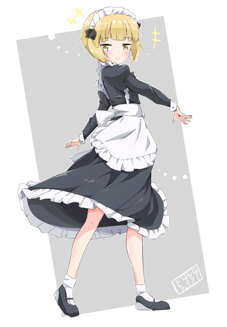 +++ 1girl alternate_costume apron artist_name bangs black_dress blonde_hair blunt_bangs bob_(you-u-kai) bob_cut closed_mouth commentary cutlass_(girls_und_panzer) dress enmaided eyebrows_visible_through_hair frilled_dress frills full_body girls_und_panzer juliet_sleeves long_sleeves looking_at_viewer maid maid_apron maid_headdress mary_janes medium_dress puffy_sleeves shoes short_hair signature smile socks solo spinning standing white_apron white_legwear yellow_eyes