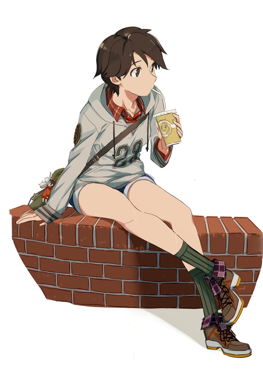 1girl bag boots brick_wall brown_eyes brown_hair casual commentary cup disposable_cup drinking full_body handbag highres hood hoodie kantai_collection long_sleeves mogami_(kantai_collection) ningen_(ningen96) plaid plaid_shirt shirt short_hair shorts sitting socks solo white_background