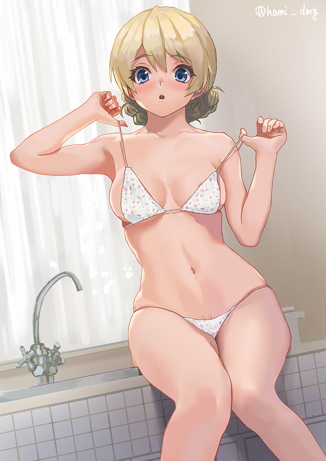 1girl :o adjusting_bra adjusting_clothes bangs bath blonde_hair blue_eyes blush bra braid commentary commentary_request curtains darjeeling_(girls_und_panzer) dutch_angle eyebrows_visible_through_hair girls_und_panzer hami_dmg indoors looking_at_viewer panties partial_commentary polka_dot polka_dot_bra polka_dot_panties short_hair sitting skindentation solo strap_slip string_bikini string_panties tied_hair twin_braids twintails underwear underwear_only white_bra white_panties