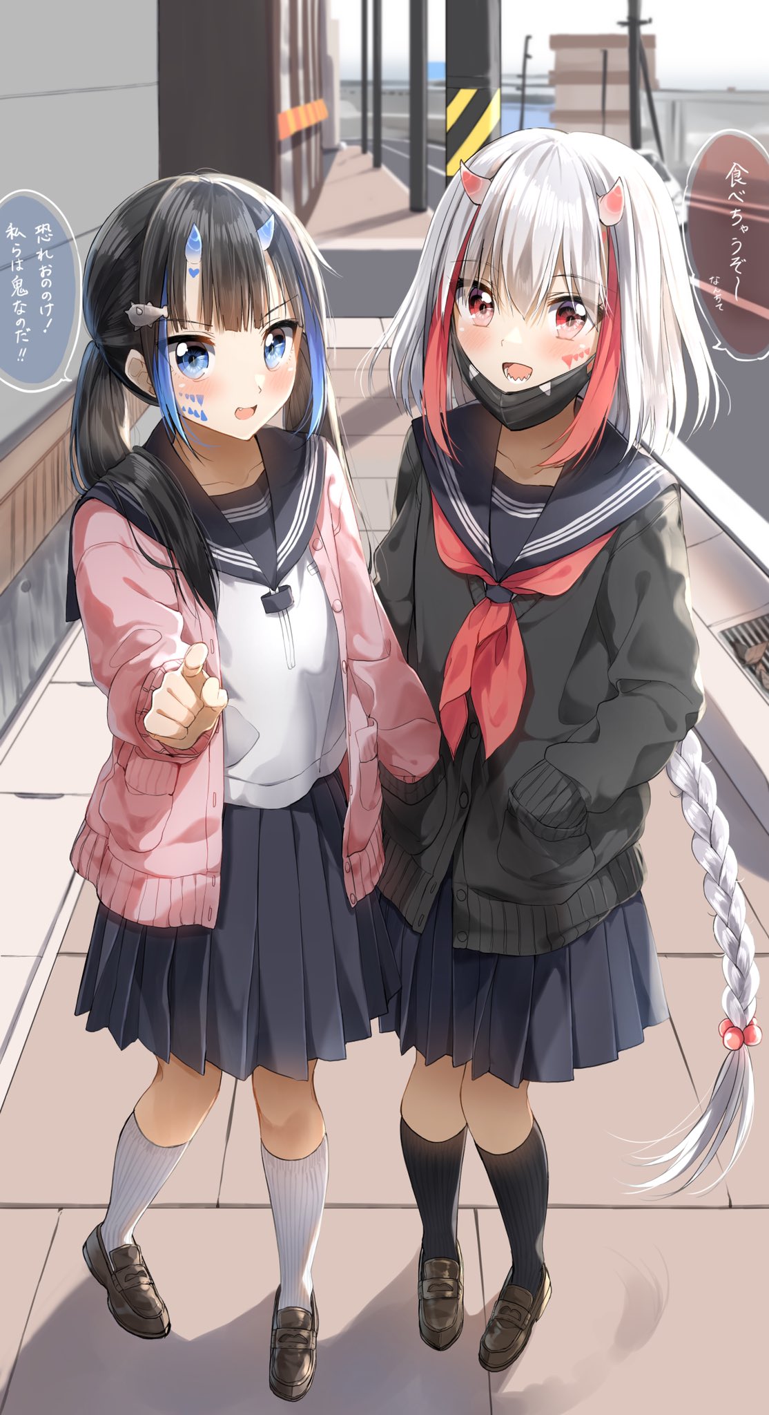 2girls :d bangs black_hair black_jacket black_legwear black_skirt blue_eyes blush braid club_hair_ornament collarbone commentary eyebrows_visible_through_hair face_mask facial_mark fang full_body hair_between_eyes hair_ornament hairclip hand_in_another's_pocket hand_in_pocket highres horns jacket kneehighs long_hair long_sleeves mask mask_pull medium_hair multiple_girls oni_horns open_mouth original outdoors pentagon_(railgun_ky1206) pink_jacket pleated_skirt pointing pointing_at_viewer red_eyes redhead sailor_collar sharp_teeth shoes skirt smile teeth translated twintails v-shaped_eyebrows very_long_hair white_hair white_legwear