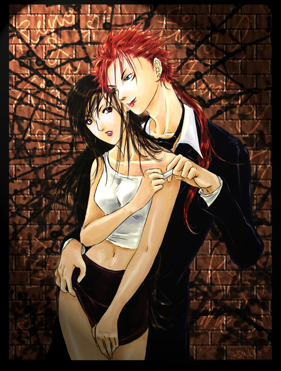 1boy 1girl black_skirt black_suit brick_wall brown_hair clothes_lift crop_top final_fantasy final_fantasy_vii formal low_ponytail midriff red_eyes redhead reno_(ff7) skirt skirt_lift spiky_hair suit suit_jacket tank_top tifa_lockhart tongue tongue_out turks_(ff7) white_tank_top