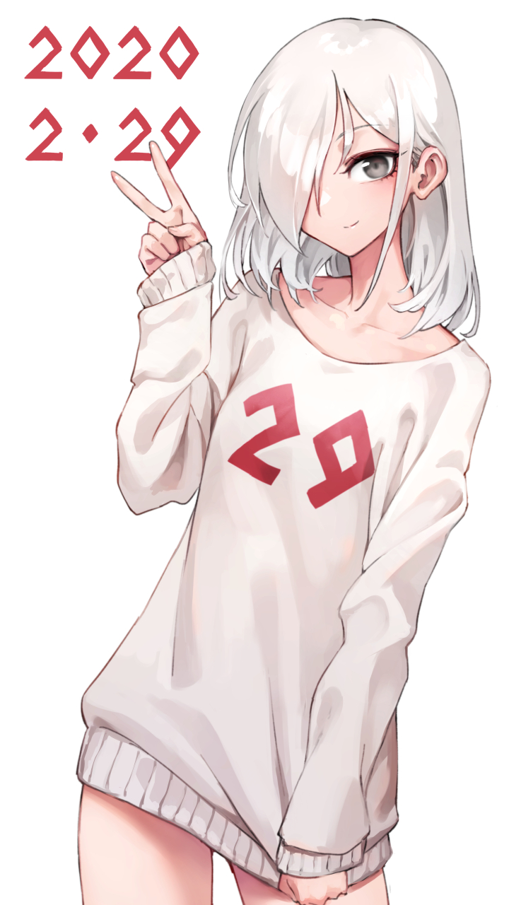 1girl black_eyes clothes_tug dated eyebrows_visible_through_hair hair_over_one_eye highres leap_day looking_at_viewer medium_hair oopartz_yang original smile solo sweater sweater_tug v white_background white_hair