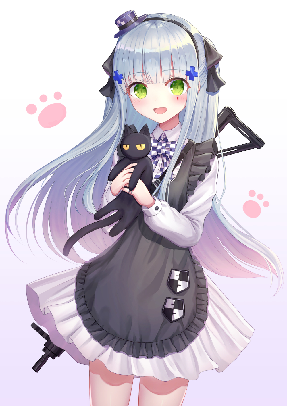 1girl :d animal apron assault_rifle bangs black_apron black_bow black_cat black_hairband blush bow cat checkered checkered_bow collared_shirt commentary eyebrows_visible_through_hair facial_mark frilled_apron frills girls_frontline gradient gradient_background green_eyes gun h&amp;k_hk416 hair_bow hair_ornament hairband hat highres hk416_(girls_frontline) holding holding_animal jitome long_hair looking_at_viewer mini_hat object_namesake open_mouth pleated_skirt purple_background purple_headwear rifle seungju_lee shirt silver_hair skirt smile solo standing tilted_headwear very_long_hair weapon weapon_on_back white_background white_shirt white_skirt