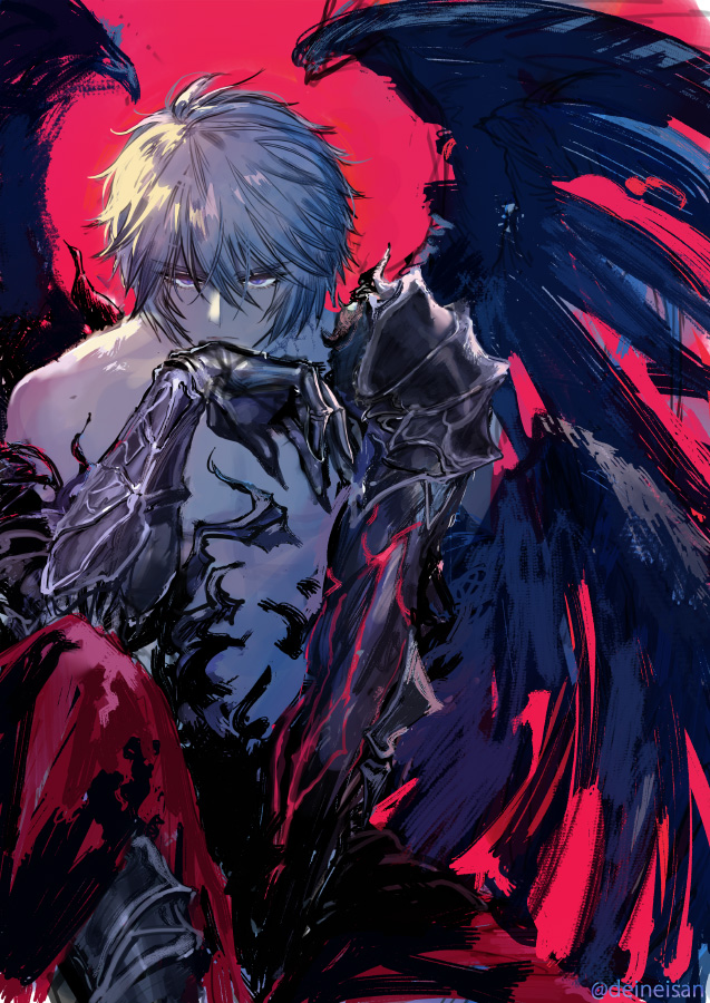 1boy deineisan fallen_angel granblue_fantasy lucilius_(granblue_fantasy) violet_eyes white_hair wings