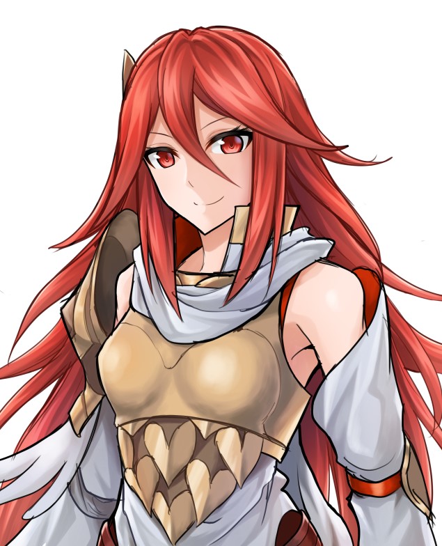 1girl breastplate closed_mouth cordelia_(fire_emblem) fire_emblem fire_emblem_awakening fire_emblem_heroes long_hair red_eyes redhead simple_background smile solo tenchan_man upper_body white_background