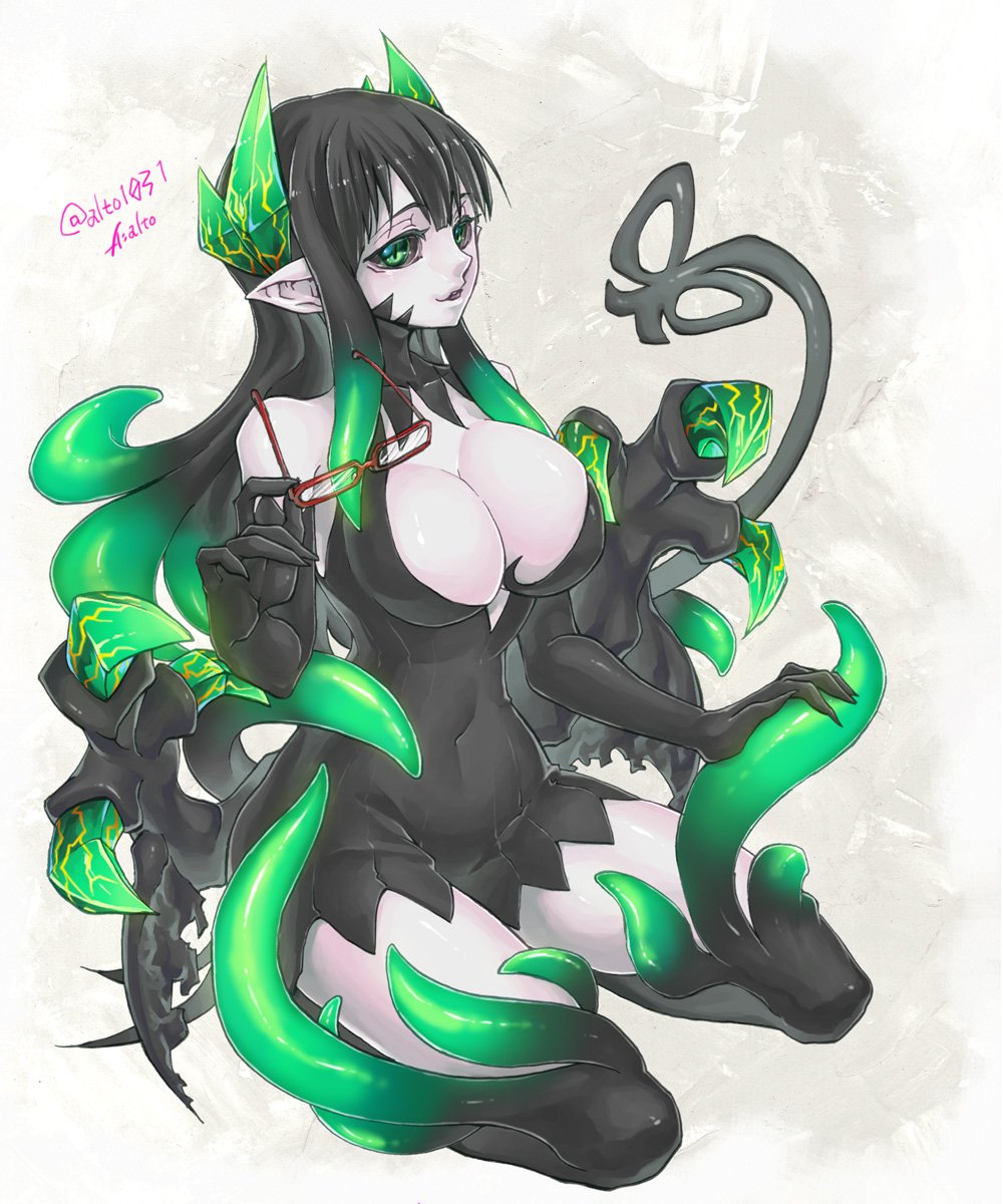 1girl alto1031 artist_name black_sclera breasts demon_girl demon_tail detached_sleeves glasses green_eyes highres large_breasts merii_(musuko_ga_kawaikute_shikatanai_mazoku_no_hahaoya) musuko_ga_kawaikute_shikatanai_mazoku_no_hahaoya pointy_ears red-framed_eyewear tail tentacles twitter_username white_skin