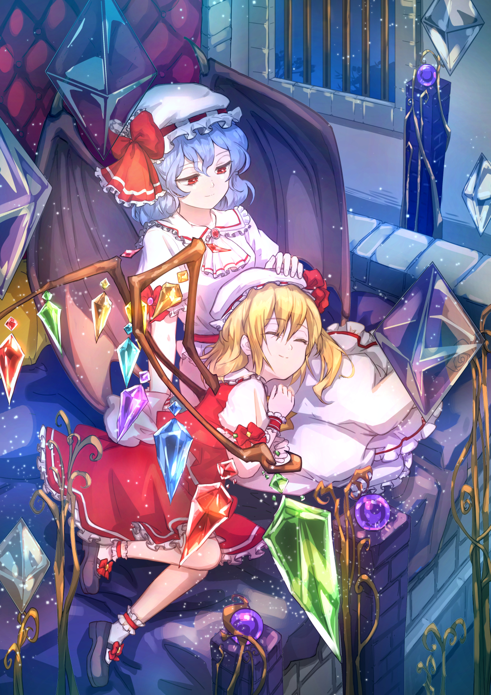 2girls ^_^ ascot bangs bat_wings black_footwear blonde_hair blue_hair bow brooch closed_eyes crystal dress eyebrows_visible_through_hair flandre_scarlet frilled_shirt_collar frills hair_between_eyes hand_on_another's_head hat hat_bow highres indoors jewelry lap_pillow light_particles looking_at_viewer mary_janes menghuanaluobu mob_cap multiple_girls one_side_up petticoat puffy_short_sleeves puffy_sleeves red_bow red_dress red_eyes remilia_scarlet shoes short_dress short_hair short_sleeves siblings sidelocks sisters sitting smile socks touhou white_dress white_headwear white_legwear white_neckwear wings wrist_cuffs