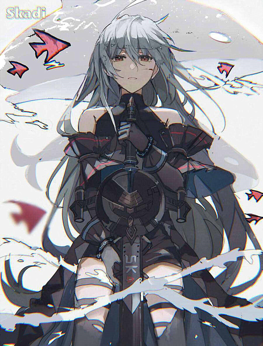 1girl arknights bare_shoulders black_coat black_legwear blood blood_on_face bodysuit character_name coat cowboy_shot directional_arrow gloves grey_background lococo:p long_hair looking_at_viewer orca parted_lips red_eyes short_shorts shorts silver_hair simple_background skadi_(arknights) solo standing sword thigh-highs thigh_strap thighs very_long_hair weapon