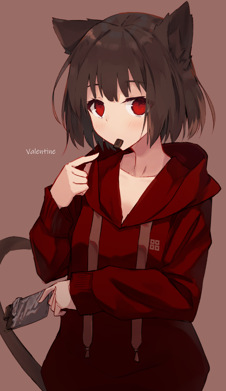 1girl animal_ears bangs brown_hair candy cat_ears cat_tail chocolate_bar eyebrows_visible_through_hair food food_in_mouth highres hood hood_down hoodie looking_at_viewer nagishiro_mito original red_eyes short_hair solo tail upper_body valentine