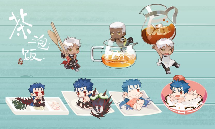 6+boys archer blue_hair brown_eyes chibi chopsticks cu_chulainn_(fate)_(all) cu_chulainn_(fate/grand_order) cu_chulainn_alter_(fate/grand_order) cucumber_slice dark_skin dark_skinned_male emiya_alter fate/grand_order fate/stay_night fate_(series) food guttia lancer mini_cu-chan multiple_boys multiple_persona pitcher ponytail red_eyes rice spoon sushi tea white_hair wooden_spoon yellow_eyes