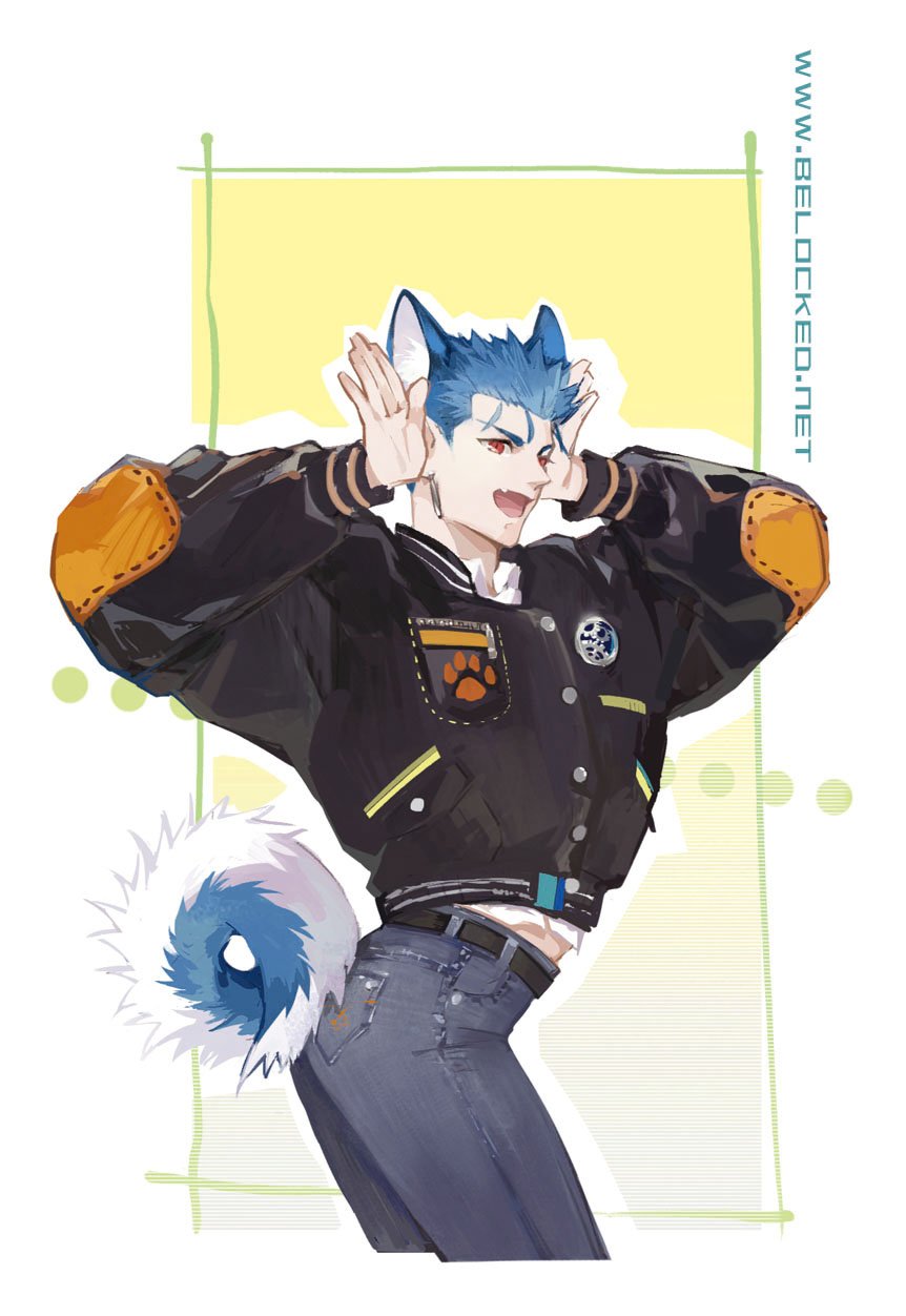 animal_ears blue_hair casual contemporary cu_chulainn_(fate)_(all) denim dog_ears dog_tail earrings fate/stay_night fate_(series) guttia highres jacket jeans jewelry kemonomimi_mode lancer long_hair pants paw_print ponytail red_eyes tail