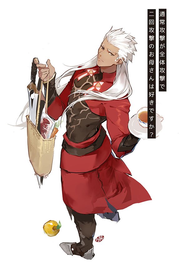 1boy alternate_hair_length alternate_hairstyle archer bag brown_eyes cup dark_skin dark_skinned_male fate/extella fate/extella_link fate/extra fate/stay_night fate_(series) from_behind golden_apple groceries guttia holding holding_bag holding_plate kanshou_&amp;_bakuya long_hair looking_back looking_up male_focus plate red_skirt saucer skirt solo tea teacup white_hair