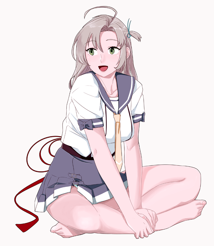 1girl ahoge bangs barefoot breasts crossed_legs eyebrows_visible_through_hair feet full_body green_eyes grey_background grey_hair hair_tie kantai_collection kinugasa_(kancolle) long_hair medium_breasts ojipon open_mouth purple_sailor_collar remodel_(kantai_collection) sailor_collar school_uniform serafuku short_sleeves simple_background sitting skirt solo yellow_neckwear