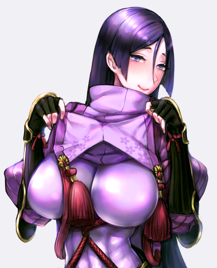 1girl arm_guards bangs black_gloves blush bodysuit breasts chichizuki_(manman-ya) closed_mouth clothes_lift covered_navel elbow_gloves fate/grand_order fate_(series) fingerless_gloves floral_print gloves high_collar large_breasts long_hair looking_at_viewer minamoto_no_raikou_(fate/grand_order) parted_bangs purple_bodysuit purple_hair ribbed_sleeves rope simple_background smile solo tabard tassel very_long_hair violet_eyes