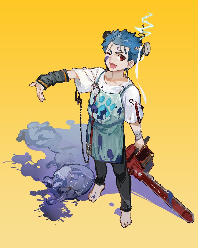 1boy apron barefoot blood blood_on_face blue_blood blue_hair bolt chainsaw cu_chulainn_(fate)_(all) earrings electricity fang fate/stay_night fate_(series) friday_the_13th guttia heart_(organ) hockey_mask jason_voorhees jewelry lancer long_hair male_focus one_eye_closed ponytail red_eyes solo younger