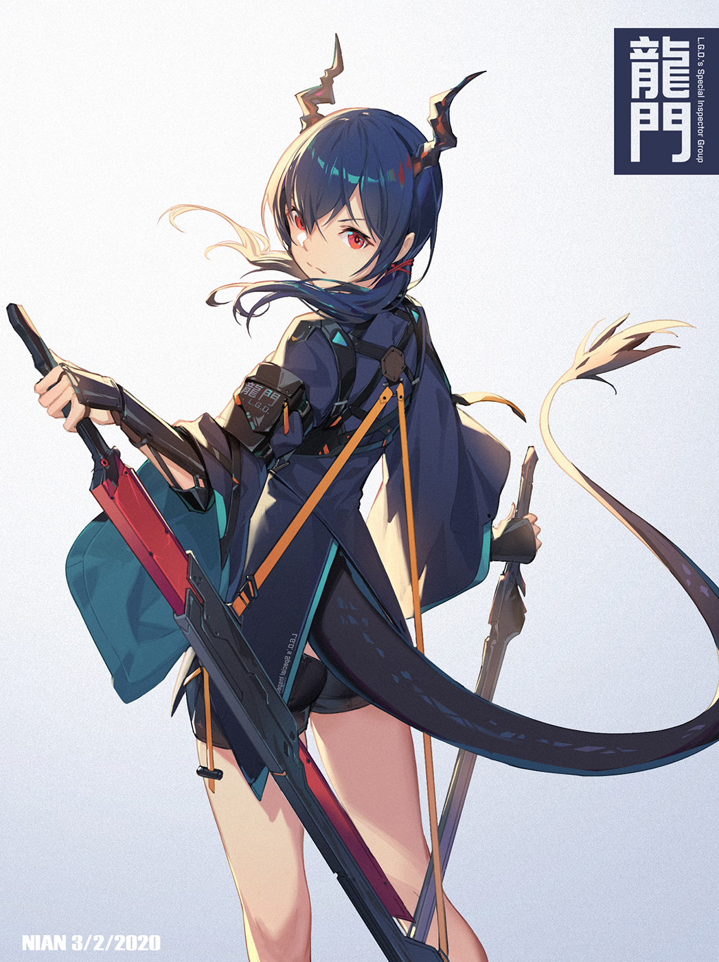 1girl arknights arm_guards artist_name bangs black_shorts blue_background blue_hair blue_jacket ch'en_(arknights) closed_mouth commentary_request dated dragon_girl dragon_horns dragon_tail dual_wielding eyebrows_visible_through_hair gradient gradient_background grey_background hair_between_eyes highres holding holding_sword holding_weapon horns jacket long_hair long_sleeves looking_at_viewer looking_back low_twintails nian red_eyes short_shorts shorts solo sword tail twintails v-shaped_eyebrows weapon wide_sleeves
