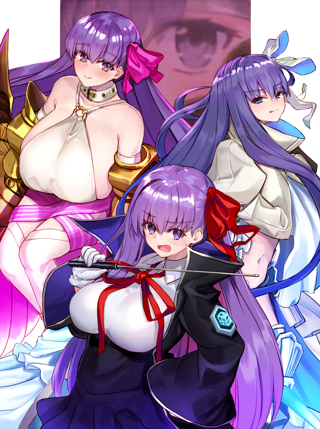 4girls armored_boots bandage_over_one_eye bandages bangs bb_(fate)_(all) bb_(fate/extra_ccc) belt_collar black_coat black_skirt blue_eyes blush boots breasts claws closed_mouth coat collar cropped_jacket fate/extra fate/extra_ccc fate/grand_order fate_(series) gloves hair_ribbon high-waist_skirt highres holding holding_wand huge_breasts jacket juliet_sleeves kingprotea large_breasts leotard licking_lips long_hair long_sleeves looking_at_viewer meltryllis multiple_girls navel neck_ribbon ninoude_(ninoude44) o-ring o-ring_top open_clothes open_coat open_mouth passion_lip pink_ribbon pink_skirt popped_collar puffy_sleeves purple_hair red_ribbon ribbon sideboob skirt sleeves_past_fingers sleeves_past_wrists small_breasts smile thighs tongue tongue_out very_long_hair violet_eyes wand white_gloves white_jacket white_legwear white_leotard white_ribbon