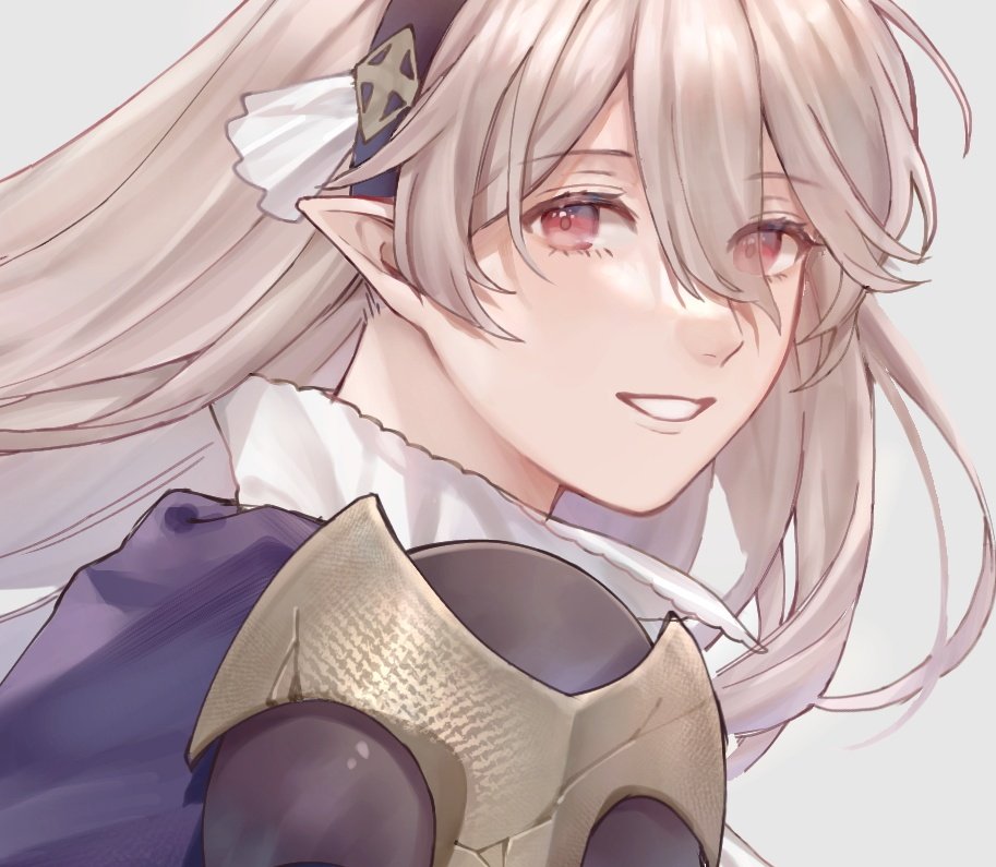 1girl ai_tkkm blue_cape cape corrin_(fire_emblem) corrin_(fire_emblem)_(female) eyebrows_visible_through_hair fire_emblem fire_emblem_fates grey_background grey_hair grin hairband long_hair looking_at_viewer looking_back pointy_ears portrait red_eyes simple_background smile solo