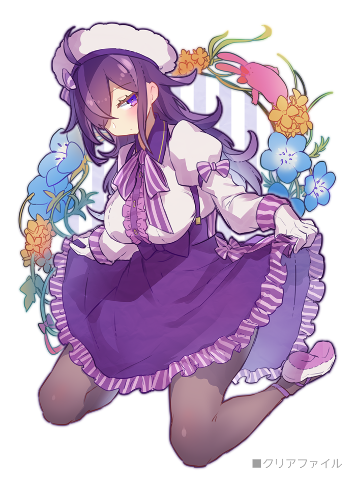1girl dress flower genderswap original purple_hair ribbon skirt skirt_hold skirt_lift solo tagme violet_eyes yamaarashi