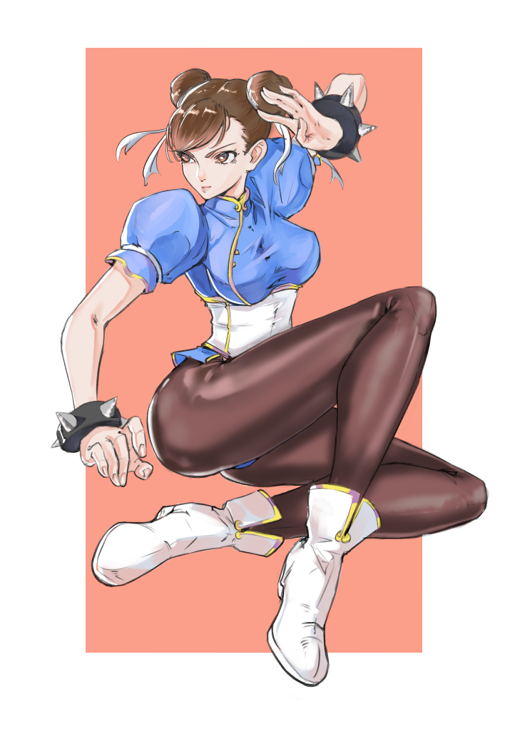 1girl alternate_costume ankle_boots artist_request bangs boots bracelet breasts brown_eyes brown_hair brown_legwear chinese_clothes chun-li closed_mouth commentary_request double_bun fighting_stance fingernails full_body jewelry lips looking_away medium_breasts pantyhose puffy_short_sleeves puffy_sleeves shiny shiny_hair short_sleeves simple_background spiked_bracelet spikes street_fighter tied_hair white_footwear
