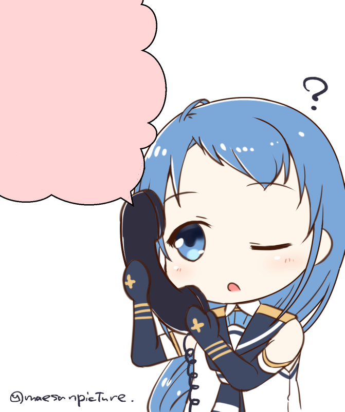 1girl ? artist_name bangs bare_shoulders blank_speech_bubble blue_eyes blue_hair blue_neckwear chibi commentary_request elbow_gloves eyebrows_visible_through_hair gloves holding holding_phone kantai_collection long_hair mae_(maesanpicture) neckerchief one_eye_closed open_mouth phone sailor_collar samidare_(kantai_collection) shirt simple_background sleeveless sleeveless_shirt solo speech_bubble swept_bangs very_long_hair white_background white_serafuku white_shirt