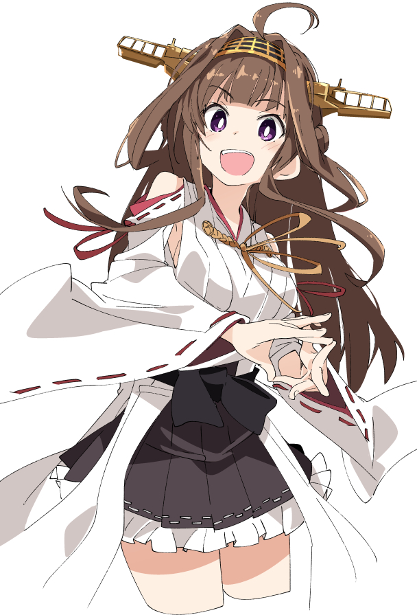 1girl :d ahoge bangs black_skirt blunt_bangs blush brown_hair eyebrows_visible_through_hair headgear ixy japanese_clothes kantai_collection kongou_(kantai_collection) long_hair looking_at_viewer nontraditional_miko open_mouth simple_background skirt smile solo teeth upper_teeth violet_eyes white_background wide_sleeves