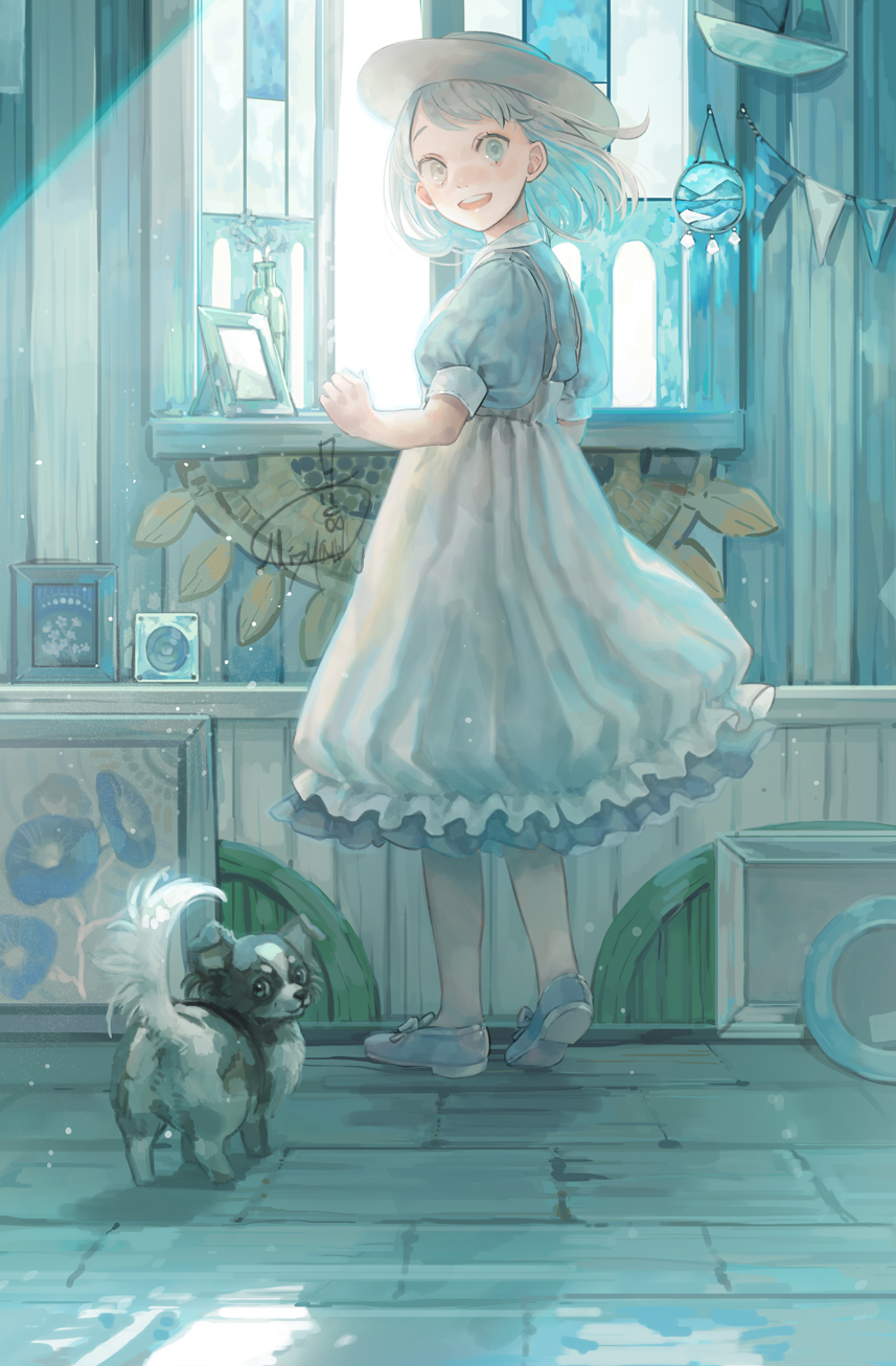 1girl :d blue_eyes blue_footwear blue_shirt commentary_request dog dress flower frilled_dress frills from_behind grey_hair hat hetero highres looking_at_viewer looking_back mizutame_tori open_mouth original painting_(object) picture_frame pinafore_dress puffy_short_sleeves puffy_sleeves shirt shoes short_sleeves signature smile solo standing string_of_flags vase white_dress white_eyes window