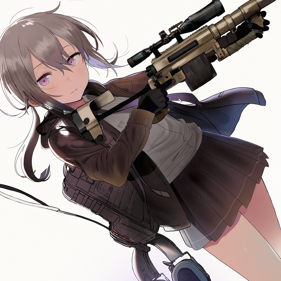 1girl ahoge anti-materiel_rifle backpack bag bangs bare_legs black_gloves black_neckwear black_skirt bolt_action brown_jacket cheytac_m200 closed_mouth collared_shirt cowboy_shot dress_shirt girls_frontline gloves grey_bag gun handle headset holding holding_gun holding_weapon jacket looking_at_viewer low_ponytail m200_(girls_frontline) messy_hair necktie open_clothes open_collar open_jacket pleated_skirt rifle scope seicoh shirt sidelocks silver_hair simple_background skirt sniper_rifle solo tie_clip trigger_discipline violet_eyes weapon white_background white_shirt