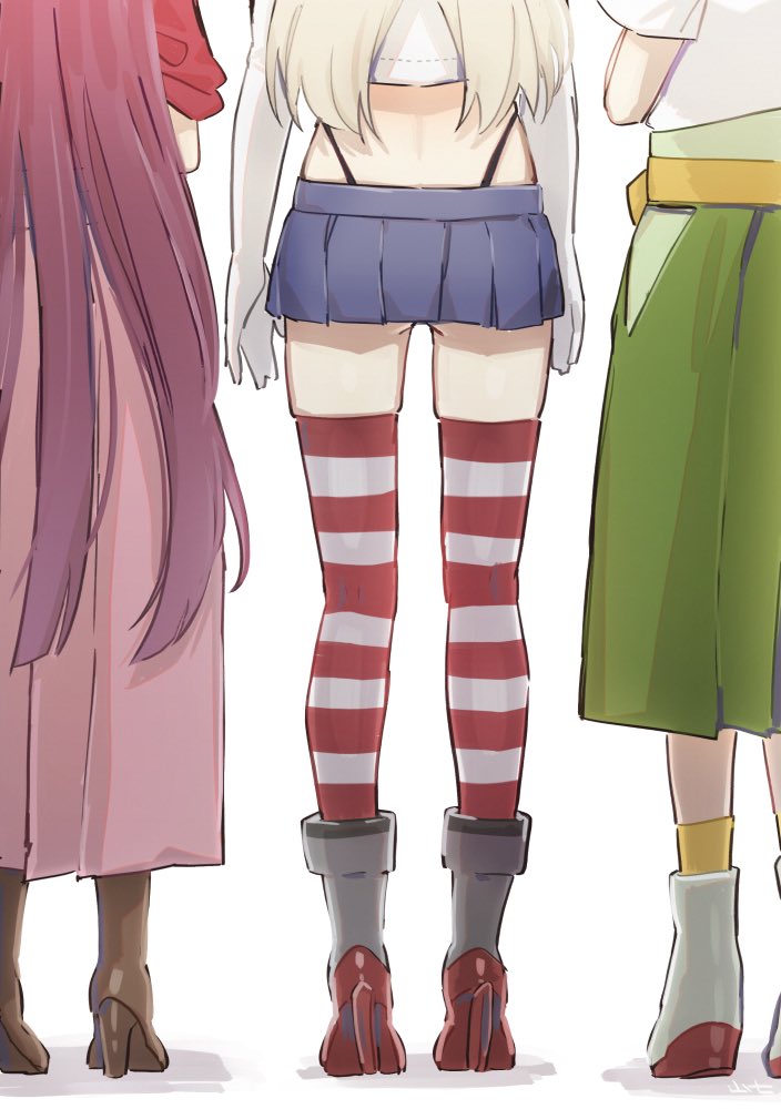 3girls black_panties blonde_hair boots brown_footwear commentary_request crop_top elbow_gloves from_behind gloves gradient_hair green_hakama grey_footwear hakama hakama_skirt head_out_of_frame highleg highleg_panties japanese_clothes kamikaze_(kantai_collection) kantai_collection kimono legs long_hair meiji_schoolgirl_uniform microskirt miniskirt multicolored_hair multiple_girls panties pink_hakama purple_hair red_kimono rudder_footwear shimakaze_(kantai_collection) shin'you_(kantai_collection) simple_background skirt striped striped_legwear thigh-highs underwear white_background white_gloves yamashiki_(orca_buteo)