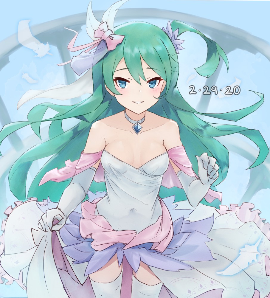 1girl adapted_costume aqua_eyes aqua_hair bow breasts choker collarbone commentary covered_navel dated dragalia_lost dress elbow_gloves feathers frilled_dress frills gloves hair_bow long_hair looking_at_viewer medium_breasts odetta_(dragalia_lost) pink_bow punished_pigeon smile solo strapless strapless_dress thigh-highs very_long_hair watermark white_choker white_dress white_gloves white_legwear