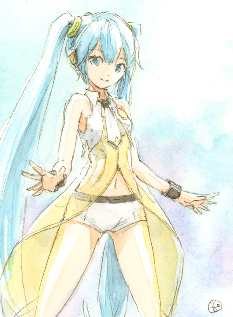 aqua_eyes aqua_hair bare_shoulders commentary cowboy_shot crop_top epoxy_putty hair_tie hatsune_miku headphones long_hair looking_at_viewer midriff navel necktie project_diva_(series) shirt short_necktie short_shorts shorts sleeveless sleeveless_shirt smile standing twintails very_long_hair vocaloid white_neckwear white_shirt white_shorts wrist_cuffs yellow_(vocaloid)