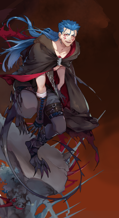 1boy adapted_costume black_cape blue_hair cape claws cu_chulainn_(fate)_(all) cu_chulainn_(fate/grand_order) earrings facial_mark failure fate/grand_order fate_(series) guttia hood hood_down jewelry long_hair male_focus red_eyes shirtless solo