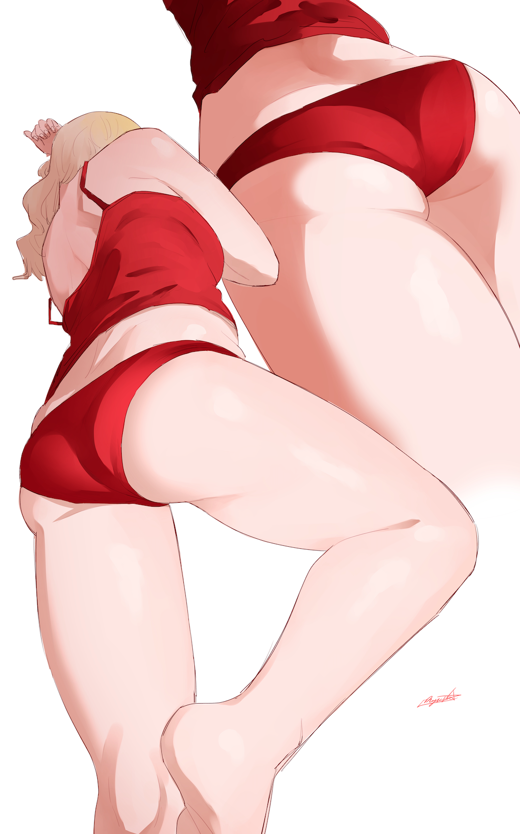 1girl arm_up artist_name ass blonde_hair commentary cropped_legs english_commentary highres leg_up long_hair midriff multiple_views original panties red_camisole red_panties ryusei_hashida signature simple_background skindentation standing underwear underwear_only white_background