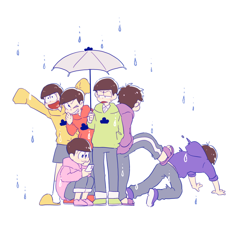 6+boys :3 :d arms_up bad_id bad_pixiv_id blue_hoodie brothers brown_hair cellphone chin_rest closed_mouth d: eye_contact facing_away falling full_body green_hoodie grey_umbrella grin half-closed_eyes hand_in_pocket hand_up happy head_rest heart heart_in_mouth holding holding_cellphone holding_phone holding_umbrella hood hood_down hoodie kicking leaning_forward leg_up long_sleeves looking_at_another looking_away looking_down looking_to_the_side lya_(16335575) male_focus matsuno_choromatsu matsuno_ichimatsu matsuno_juushimatsu matsuno_karamatsu matsuno_osomatsu matsuno_todomatsu multiple_boys one_eye_closed open_hands open_mouth osomatsu-kun osomatsu-san outstretched_arms pants pants_rolled_up phone pink_footwear pink_hoodie purple_footwear purple_hoodie rain raised_eyebrow red_footwear red_hoodie sandals sextuplets shoe_soles shoes shorts siblings simple_background sleeves_past_fingers sleeves_past_wrists slippers smartphone smile squatting standing sweat sweatpants umbrella v-shaped_eyebrows white_background white_legwear wing_collar yellow_footwear yellow_hoodie