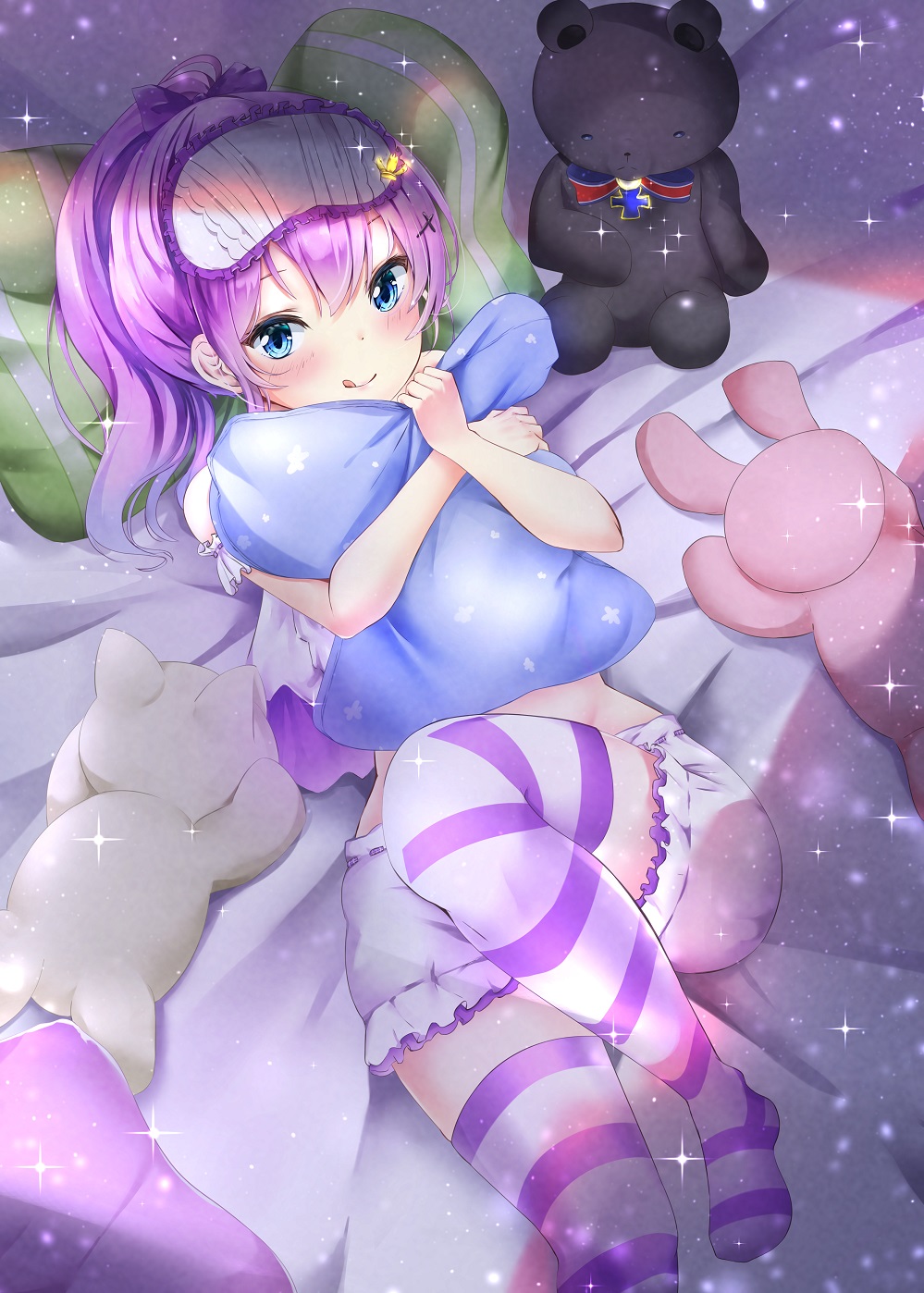 1girl azur_lane bear bedroom blush breasts dog hair_between_eyes hair_ornament hair_ribbon highres javelin_(azur_lane) long_hair looking_at_viewer lying on_back on_bed pajamas pillow pillow_hug ponytail purple_hair rabbit ribbon shirt shorts smile striped striped_legwear thigh-highs tongue tongue_out toy u.b_m1s2s