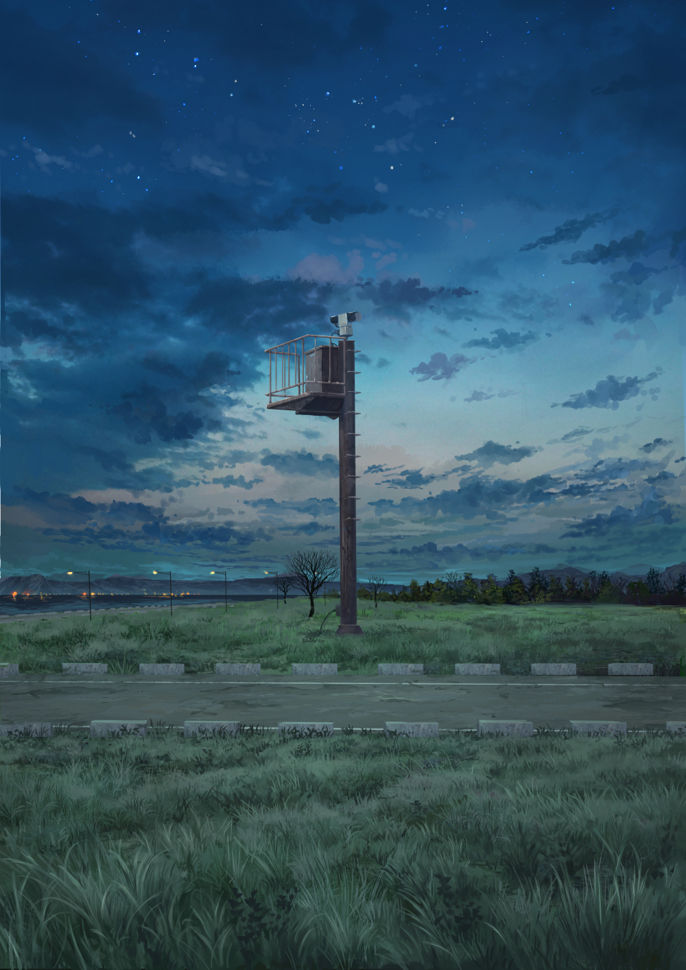 blue_sky clouds cloudy_sky field forest grass guard_tower highres horizon lamppost nature night night_sky no_humans original outdoors pippi_(pixiv_1922055) road scenery sky star_(sky) starry_sky tree