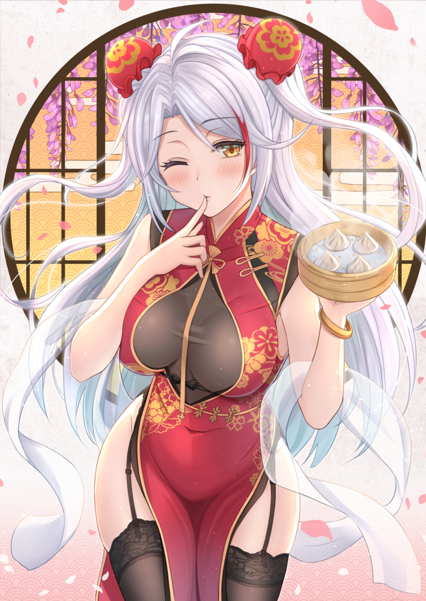 1girl antenna_hair azur_lane bamboo_steamer bangs baozi black_legwear blonde_hair blush breasts china_dress chinese_clothes covered_navel dress eyebrows_visible_through_hair finger_to_mouth floating_hair food garter_straps head_tilt highres holding keikei_(kitty_colors) large_breasts leaning_forward long_hair looking_at_viewer multicolored_hair one_eye_closed pelvic_curtain prinz_eugen_(azur_lane) red_dress redhead silver_hair solo standing streaked_hair swept_bangs thigh-highs two_side_up very_long_hair
