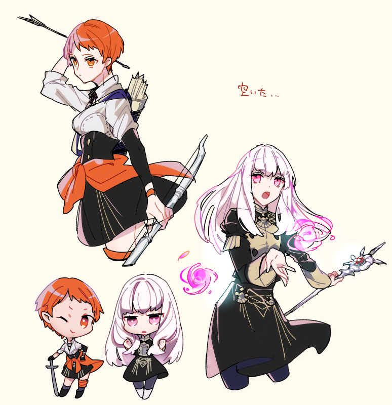 2girls arrow blue_legwear bow_(weapon) chibi closed_mouth fire_emblem fire_emblem:_three_houses garreg_mach_monastery_uniform holding holding_arrow holding_bow_(weapon) holding_staff holding_weapon kurukdm leonie_pinelli long_hair long_sleeves lysithea_von_ordelia multiple_girls multiple_views one_eye_closed open_mouth orange_eyes orange_hair pink_eyes quiver short_hair simple_background smile staff uniform weapon white_background white_hair