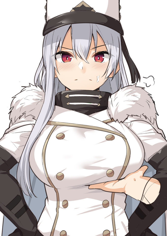 1girl azur_lane bangs blush breast_grab breasts buttons closed_mouth coat coat_dress double-breasted fur-trimmed_coat fur_trim grabbing hair_between_eyes hands_on_hips hat high_collar large_breasts long_hair long_sleeves looking_at_viewer military_hat red_eyes shiseki_hirame silver_hair simple_background solo_focus sovetskaya_rossiya_(azur_lane) white_background white_coat white_headwear