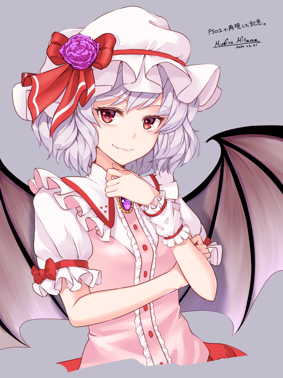 1girl artist_name bangs bat_wings bow brooch commentary_request cropped_torso dated dress eyebrows_visible_through_hair fang fang_out flower frilled_shirt_collar frills grey_background hand_up hat hat_bow hat_flower highres jewelry looking_at_viewer mob_cap mudix2 pink_dress puffy_short_sleeves puffy_sleeves purple_flower purple_rose red_bow red_eyes remilia_scarlet rose short_hair short_sleeves signature silver_hair simple_background smile solo touhou upper_body white_headwear wings wrist_cuffs