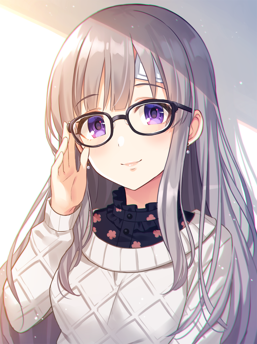1girl adjusting_eyewear aran_sweater bandaid_on_forehead bangs black-framed_eyewear chromatic_aberration closed_mouth commentary_request earrings floral_print frills glasses hand_up idolmaster idolmaster_shiny_colors jewelry long_hair looking_at_viewer pink_lips silver_hair smile solo sweater upper_body white_background white_sweater yuuhi_(ages) yuukoku_kiriko