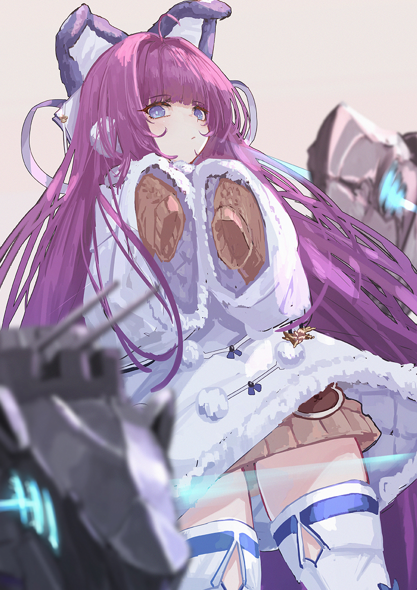 1girl animal_ears azur_lane blue_eyes blush brown_sweater coat dress earmuffs eyebrows_visible_through_hair fake_animal_ears fur_trim grey_background hair_ornament hair_ribbon jacky5493 long_hair long_sleeves looking_at_viewer purple_hair ribbon simple_background solo sweater tashkent_(azur_lane) thigh-highs very_long_hair white_coat white_legwear winter_clothes