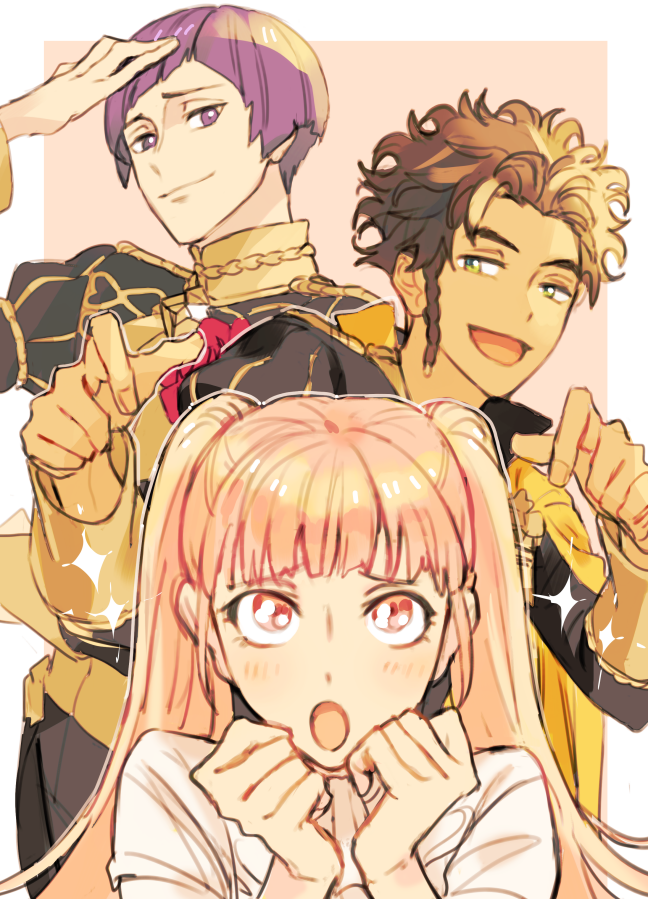 1girl 2boys blush bowl_cut braid brown_hair claude_von_riegan clenched_hands dark_skin epaulettes fire_emblem fire_emblem:_three_houses flower garreg_mach_monastery_uniform green_eyes hand_on_own_head hand_to_own_mouth hilda_valentine_goneril long_hair long_sleeves looking_at_another looking_at_viewer looking_up lorenz_hellman_gloucester multiple_boys open_mouth pink_background pink_eyes pink_hair purple_hair rose short_hair side_braid simple_background smirk sparkle twintails two-tone_background ugonba_(howatoro) violet_eyes wavy_hair white_background