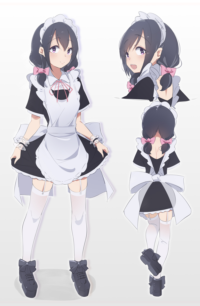 1girl apron black_hair bow hair_bow highres maid maid_apron maid_headdress medium_hair original pink_bow platform_footwear simple_background thigh-highs twintails unimon_e violet_eyes white_legwear