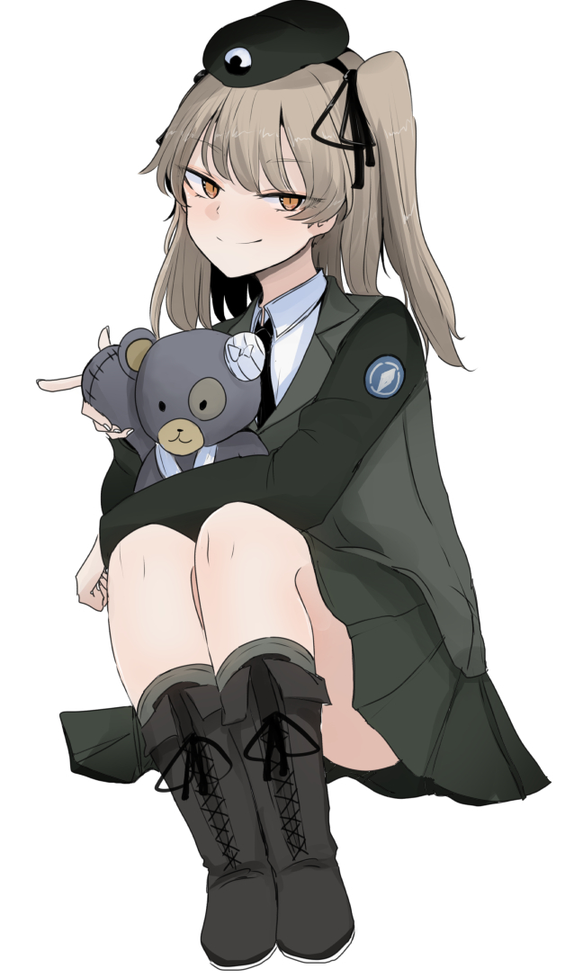 1girl bandana bangs beret black_footwear black_headwear black_jacket black_neckwear black_ribbon black_skirt boko_(girls_und_panzer) boots brown_eyes closed_mouth combat_boots commentary cross-laced_footwear dress_shirt emblem girls_und_panzer hair_ribbon half-closed_eyes hat holding holding_stuffed_animal invisible_chair jacket japanese_tankery_league_(emblem) lace-up_boots light_brown_hair long_hair long_sleeves looking_at_viewer military military_hat military_uniform miniskirt ne_kuro necktie one_side_up pleated_skirt ribbon selection_university_(emblem) selection_university_military_uniform shimada_arisu shirt simple_background sitting skirt smile solo stuffed_animal stuffed_toy teddy_bear uniform white_background white_shirt