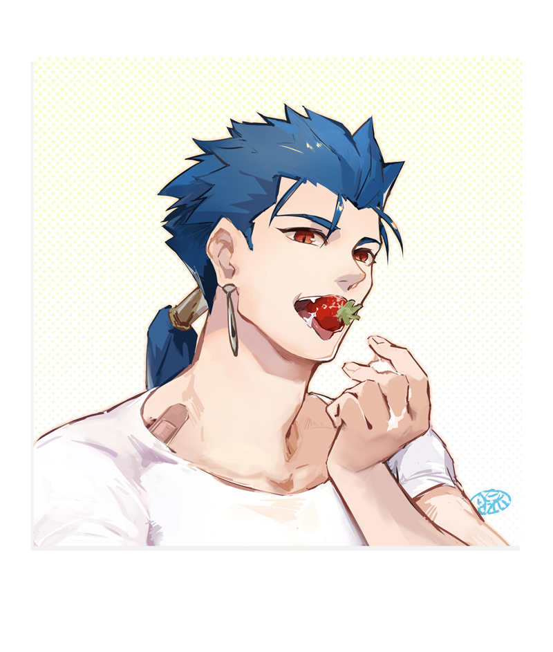 1boy blue_hair casual cu_chulainn_(fate)_(all) eating fang fate/stay_night fate_(series) food fruit guttia lancer long_hair male_focus mouth_hold ponytail red_eyes shirt solo strawberry t-shirt