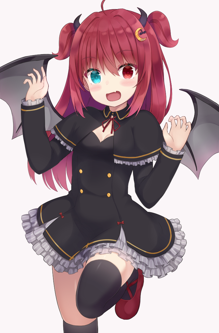 1girl :d bangs black_capelet black_dress black_horns black_legwear black_wings blue_eyes breasts capelet claw_pose commentary crescent crescent_hair_ornament demon_girl demon_horns demon_wings dress eyebrows_visible_through_hair fang frilled_capelet frilled_dress frilled_sleeves frills grey_background hair_ornament heterochromia horns leg_up long_hair long_sleeves looking_at_viewer nijisanji open_mouth red_eyes red_footwear redhead shoes shuuichi_(gothics) simple_background skin_fang small_breasts smile solo standing standing_on_one_leg thigh-highs two_side_up virtual_youtuber wings yuzuki_roa
