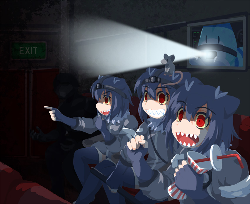 3girls animal_ears arai-san_mansion bendy_straw clone commentary_request cup dark disposable_cup door drinking_straw exit_sign from_side gaijin_4koma giant_otter_(kemono_friends)_(kuro_(kurojill)) grin headlamp horiki_masaharu indoors kemono_friends looking_away lucky_beast_(kemono_friends) meme movie_theater multiple_girls open_mouth otter_ears pointing rat red_eyes silhouette sitting smile squeezing yellow_sclera