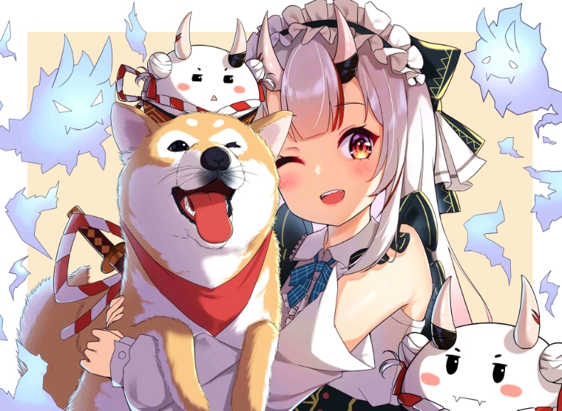 1girl ;d akinatsu_meguru animal black_hairband brown_background center_frills collared_shirt commentary_request detached_sleeves dog dress_shirt frilled_hairband frills hairband hololive horns long_hair long_sleeves multicolored_hair nakiri_ayame one_eye_closed oni oni_horns open_mouth poyoyo_(ayame_channel) puffy_long_sleeves puffy_sleeves red_eyes redhead shirt silver_hair sleeveless sleeveless_shirt smile solo streaked_hair two-tone_background upper_teeth virtual_youtuber white_background white_shirt white_sleeves